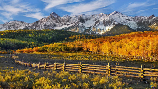 Fence mountains trees autumn landscape free wallpaper for desktop - medium preview image