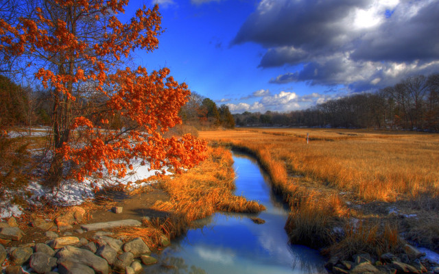 Stream dry grass cloudy sky free wallpaper for desktop - medium preview image