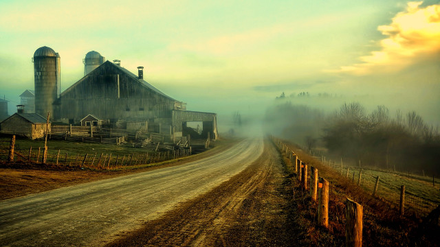Dirt road barn fence foggy free wallpaper for desktop - medium preview image