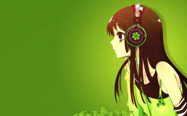 Girl headphones looking distance green free wallpaper for desktop - medium preview image