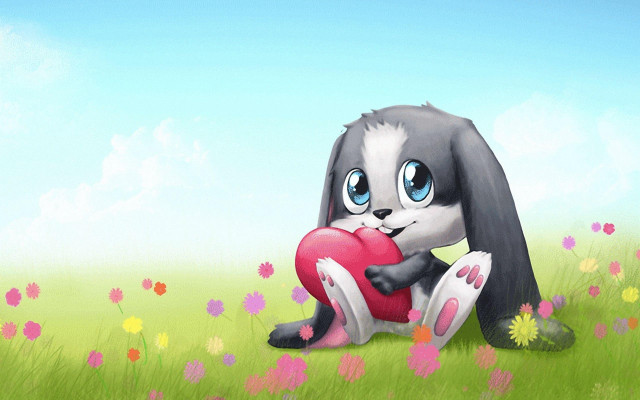 Cartoon bunny holding heart field free wallpaper for desktop - medium preview image