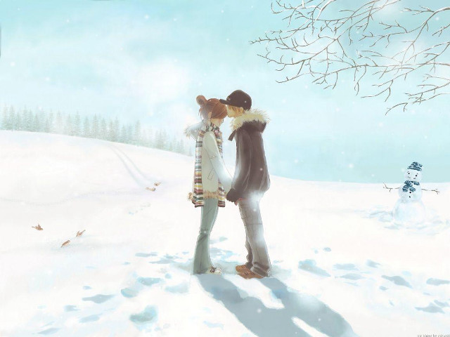 Couple kissing snow snowman tree #2 free wallpaper for desktop - medium preview image
