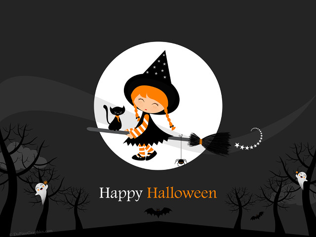 Little girl witch flying broom free wallpaper for desktop - medium preview image