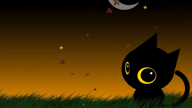 Black cat grass crescent moon free wallpaper for desktop - medium preview image