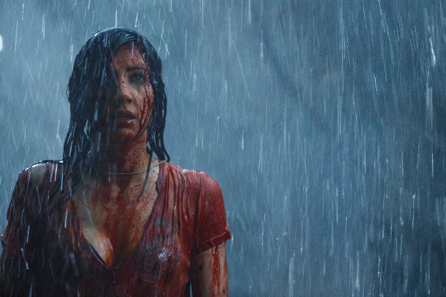 Woman rain red shirt black free wallpaper for desktop - medium preview image