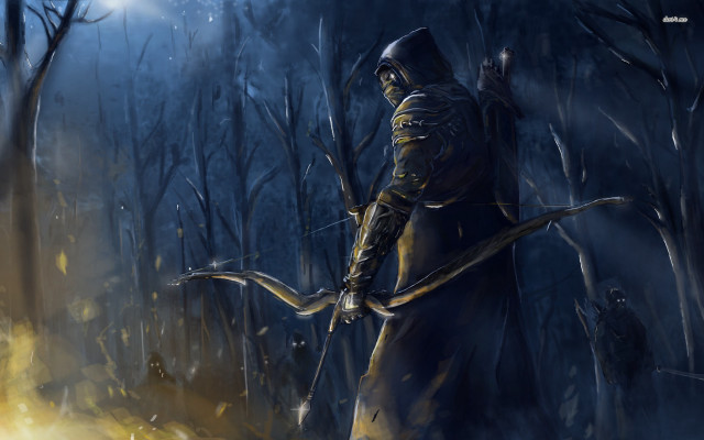 Man hooded archer forest night free wallpaper for desktop - medium preview image