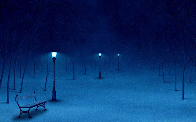 Bench snowy park night streetlights free wallpaper for desktop - medium preview image