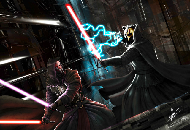 Two people dark room lightsabers free wallpaper for desktop - medium preview image