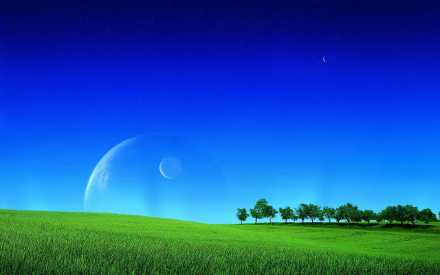 Green field trees crescent sky free wallpaper for desktop - medium preview image