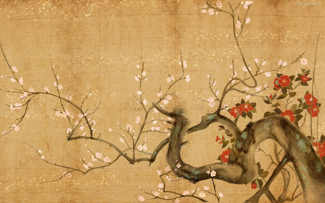 Tree flowers bird branch red free wallpaper for desktop - medium preview image