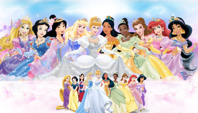Princesses standing clouds row dresses free wallpaper for desktop - medium preview image