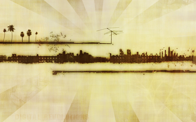 City silhouette palmtrees sunburst grungy free wallpaper for desktop - medium preview image