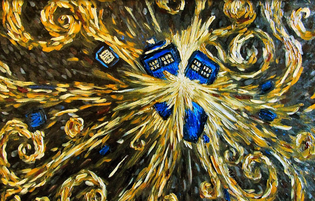 Painting blue police boxes gold free wallpaper for desktop - medium preview image