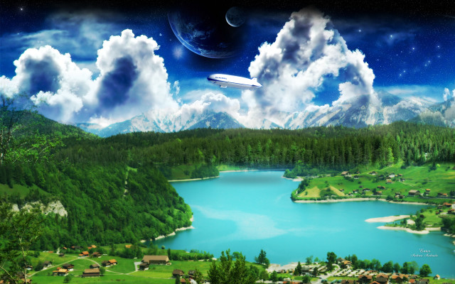 Landscape lake mountain flyingobject surrealism free wallpaper for desktop - medium preview image
