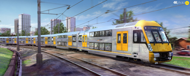 Train city tall buildings yellow free wallpaper for desktop - medium preview image