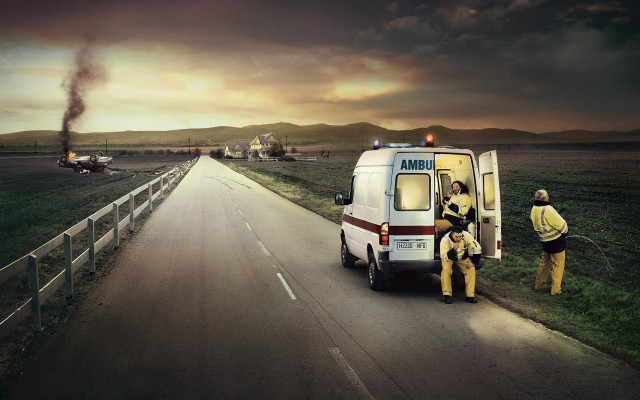 Man van road firetruck person free wallpaper for desktop - medium preview image