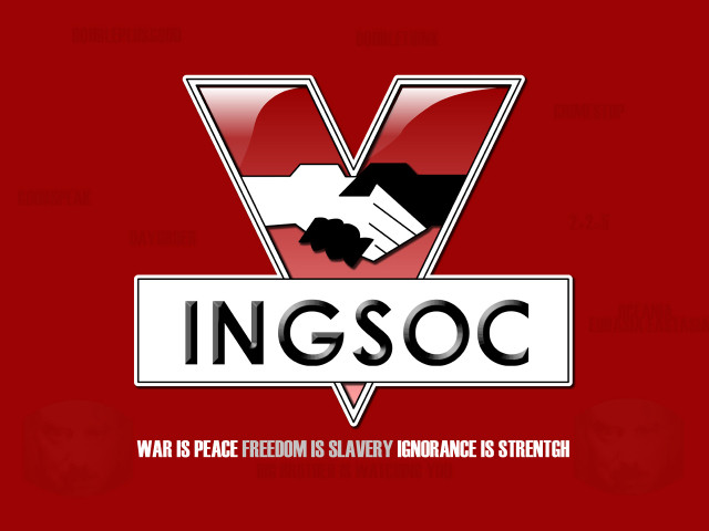 Red background logo ingsoc dystopian free wallpaper for desktop - medium preview image