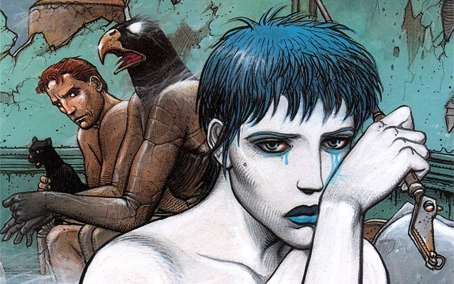 Woman blue hair bird shoulder free wallpaper for desktop - medium preview image