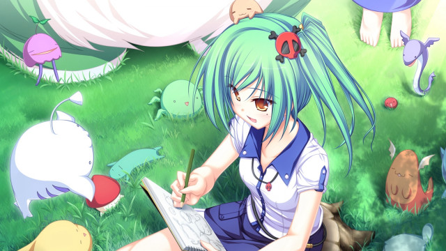 Girl blue hair laptop animals free wallpaper for desktop - medium preview image