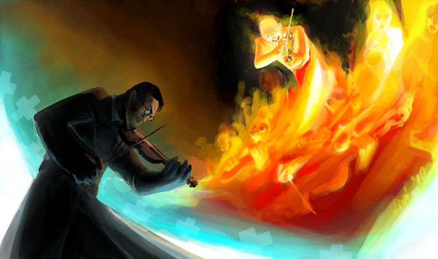 Man black suit fire ice free wallpaper for desktop - medium preview image