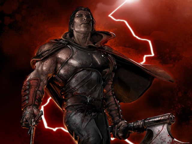 Man armor axe lightning painting free wallpaper for desktop - medium preview image