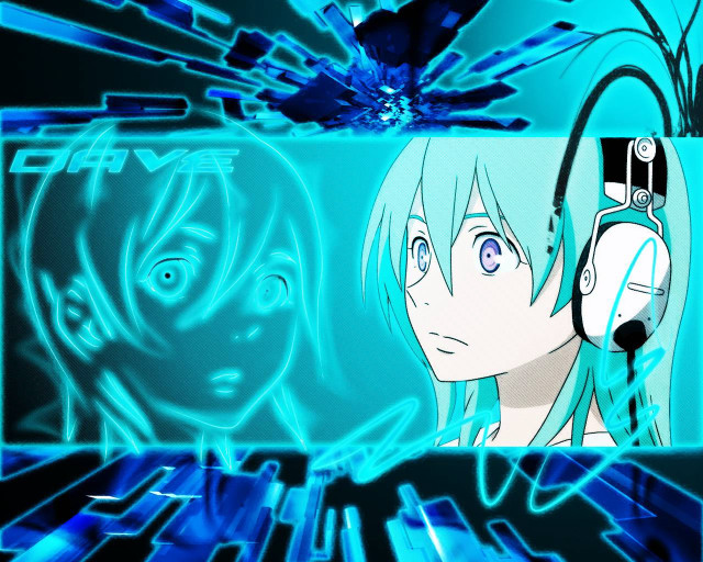 Blue hair headphones cyberpunk hologram free wallpaper for desktop - medium preview image