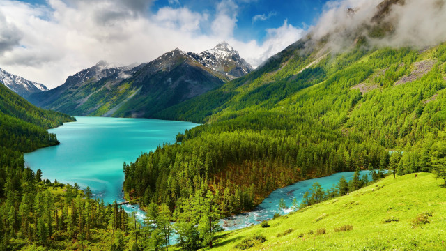 Mountain lake green trees cloudy #2 free wallpaper for desktop - medium preview image