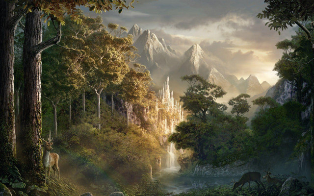 Forest waterfall castle deer painting #3 free wallpaper for desktop - medium preview image