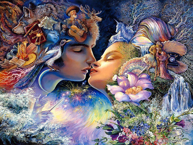 Kissing couple floral background trees free wallpaper for desktop - medium preview image