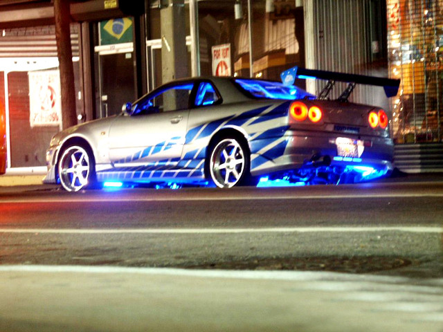 Car blue lights night building free wallpaper for desktop - medium preview image