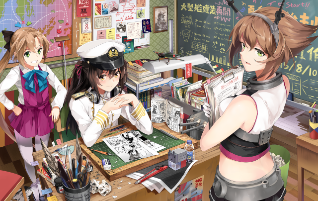 Anime girls desk book standing free wallpaper for desktop - medium preview image