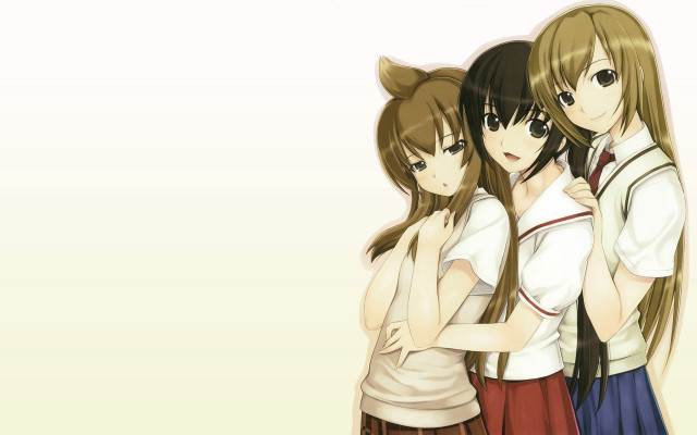 Anime girls hugging white yellow free wallpaper for desktop - medium preview image