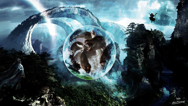 Man woman bubble mountains trees free wallpaper for desktop - medium preview image