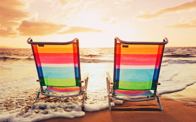 Chairs beach sunset ocean waves free wallpaper for desktop - medium preview image