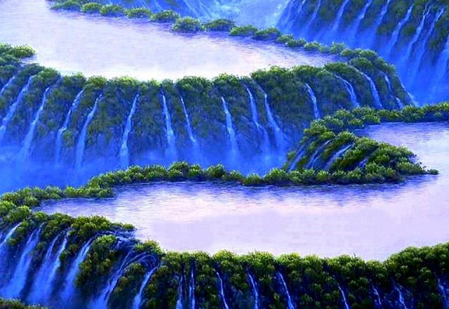 Waterfall river trees painting nature free wallpaper for desktop - medium preview image