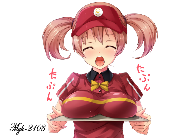 Woman red shirt holding tray free wallpaper for desktop - medium preview image