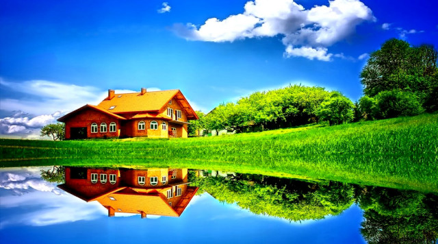 House reflection lake greenfield trees free wallpaper for desktop - medium preview image