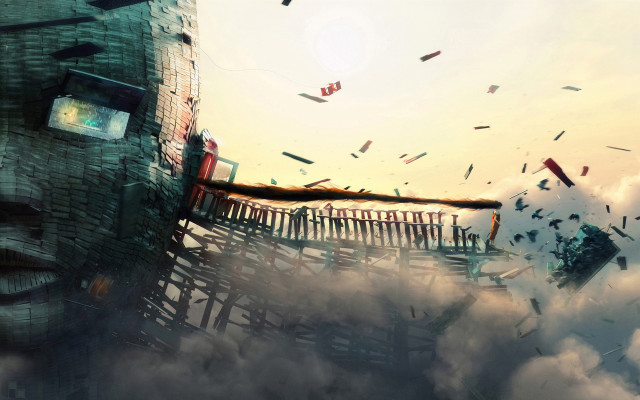 Surreal building clouds sky birds free wallpaper for desktop - medium preview image