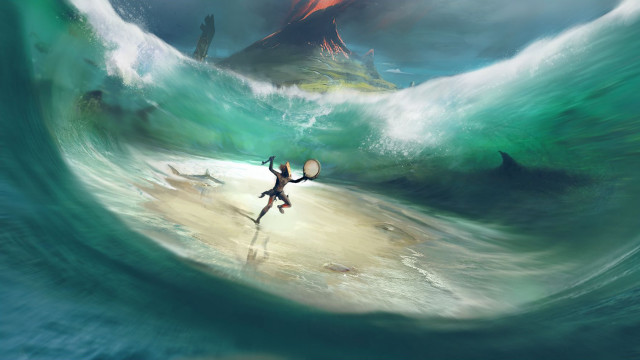 Person surfboard wave mountain background free wallpaper for desktop - medium preview image