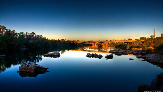 Bridge river rocks trees sunset free wallpaper for desktop - medium preview image