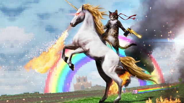 Cat riding unicorn rainbow field free wallpaper for desktop - medium preview image