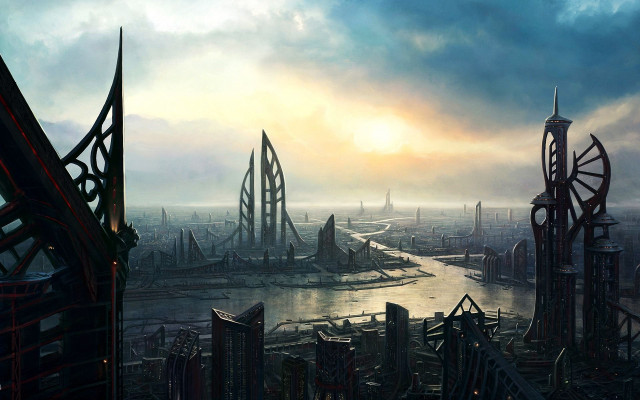 City river skyline painting artwork free wallpaper for desktop - medium preview image