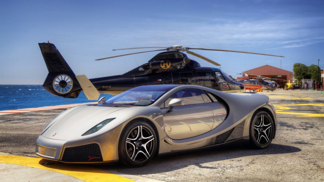 Silver car helicopter runway ocean free wallpaper for desktop - medium preview image