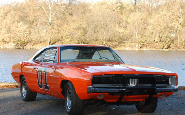 Orange muscle car lake trees free wallpaper for desktop - medium preview image