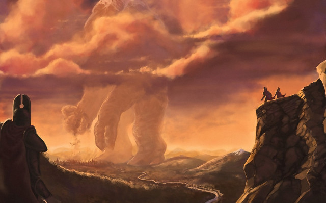 Giant creature cliff people watching free wallpaper for desktop - medium preview image