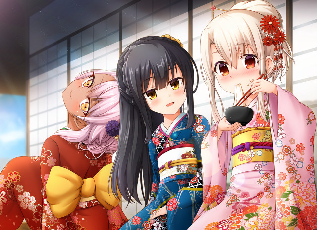 Anime girls traditional clothing chopsticks free wallpaper for desktop - medium preview image