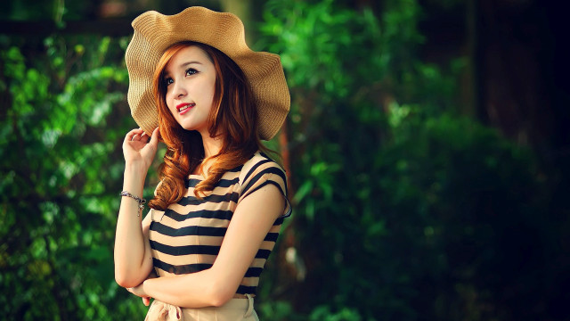 Woman hat posing woods hands free wallpaper for desktop - medium preview image