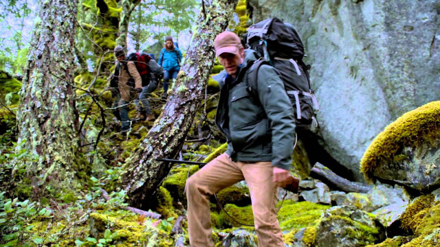 Man backpack climbing mountain trail free wallpaper for desktop - medium preview image