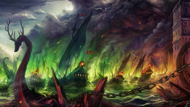 Ship storm octopus lighthouse painting free wallpaper for desktop - medium preview image