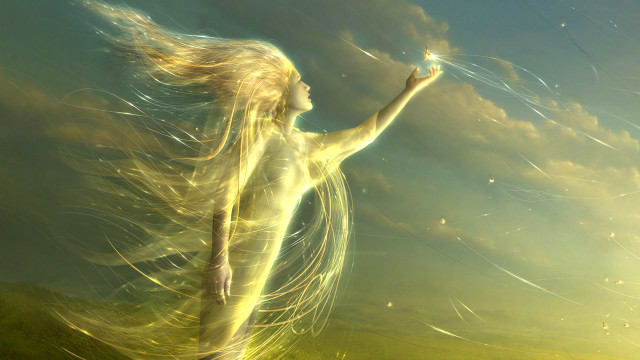 Woman kite flying hair sky free wallpaper for desktop - medium preview image